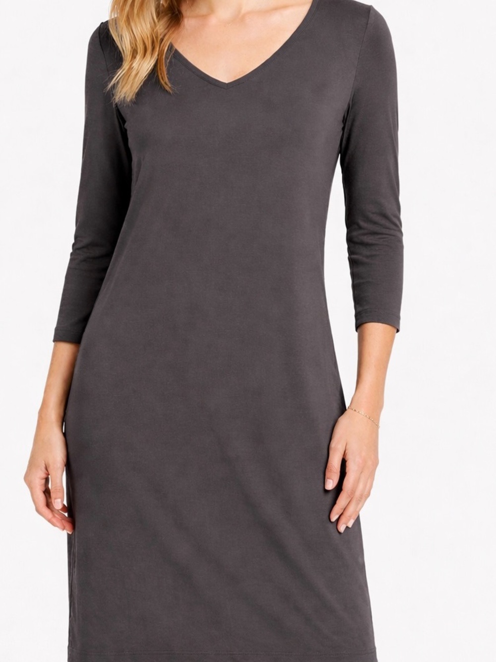 Eileen Fisher Gray Minimalist V-Neck Dress S Petite Stretch Minimalist